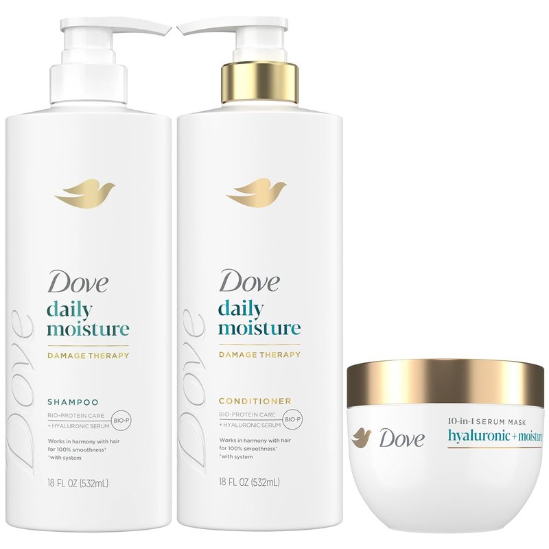Dove Daily Moisture Shampoo & Conditioner Set | Hyaluronic Deep Hydration & Revitalizing Serum Mask - 3-Piece Set