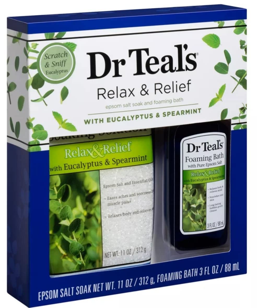 Dr Teal's Eucalyptus Epsom Salt & Foaming Bath Oil Sampler Gift Set - Give The Gift of Rejuvenation & Self Care! - 14 oz Bag of Eucalyptus Bath Salts & 3 oz Bottle of Eucalyptus Foaming Bath Oil