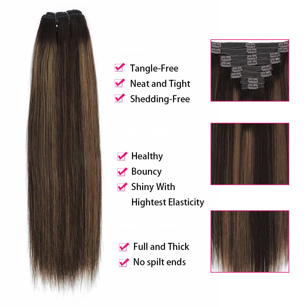 Balayage Clip in Hair Extensions Real Human Hair Straight Highlight Human Hair Clip ins for Women, Natural Soft Remy Human Hair, 8Pcs 120g, 16inch #2/6/2 Balayage Dark Brown to Chestnut Brown