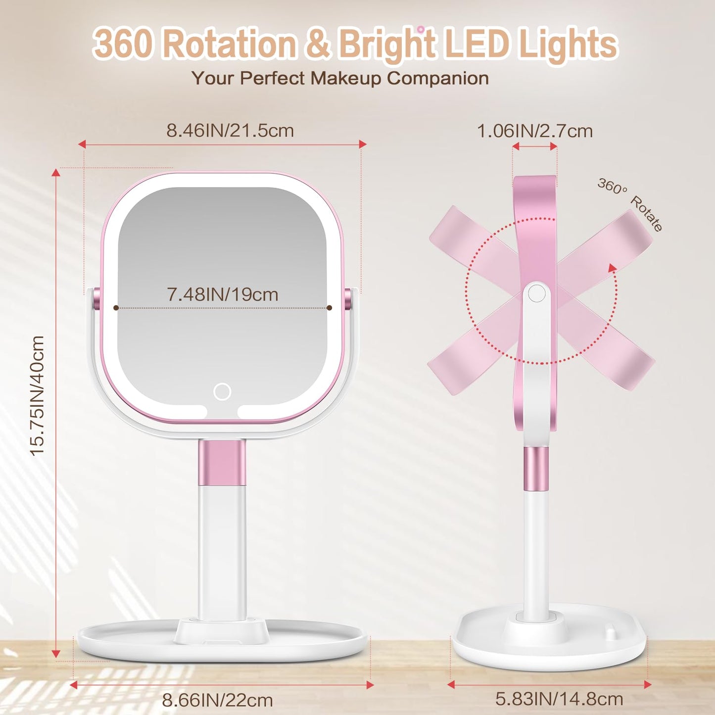 Rosivyphan Makeup Mirror with Lights, 1X/10X Magnifying Vanity Mirror with 3 Colors, 2000mAh Rechargeable Double Sided Magnifying Mirror, Height Brightness Adjustable, 360° Rotation Vanity