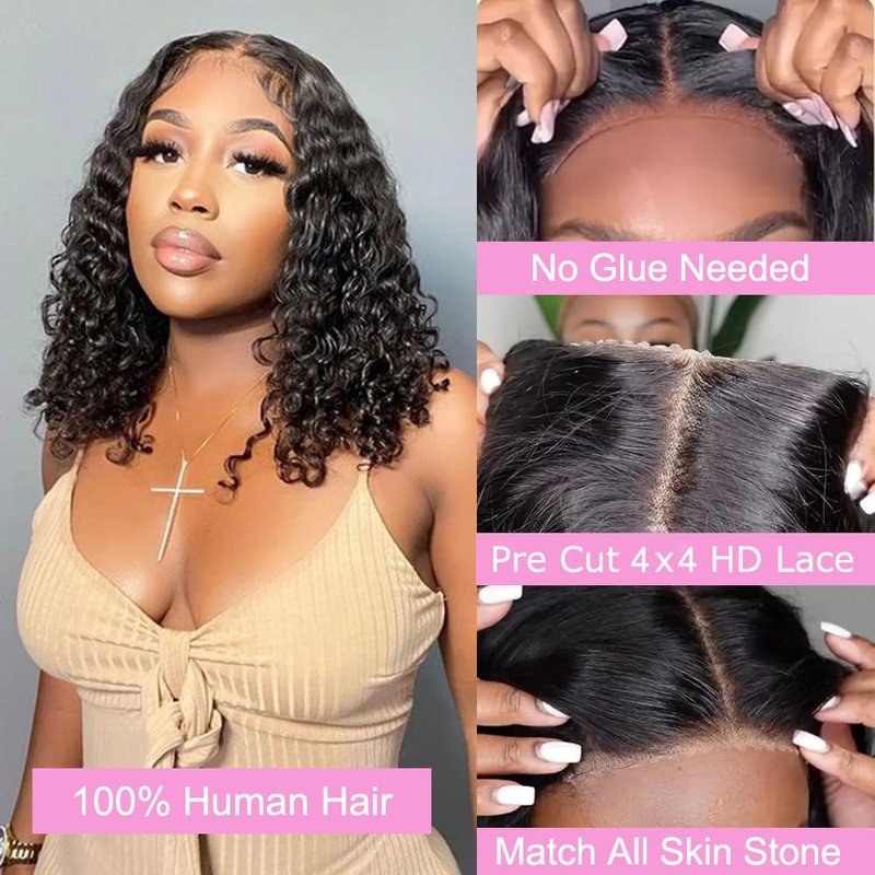 Curly Bob Wig - 12 Inch Human Hair Water Wave | Glueless 4x4 Lace Closure, Pre Plucked, Short Bob for Beginners