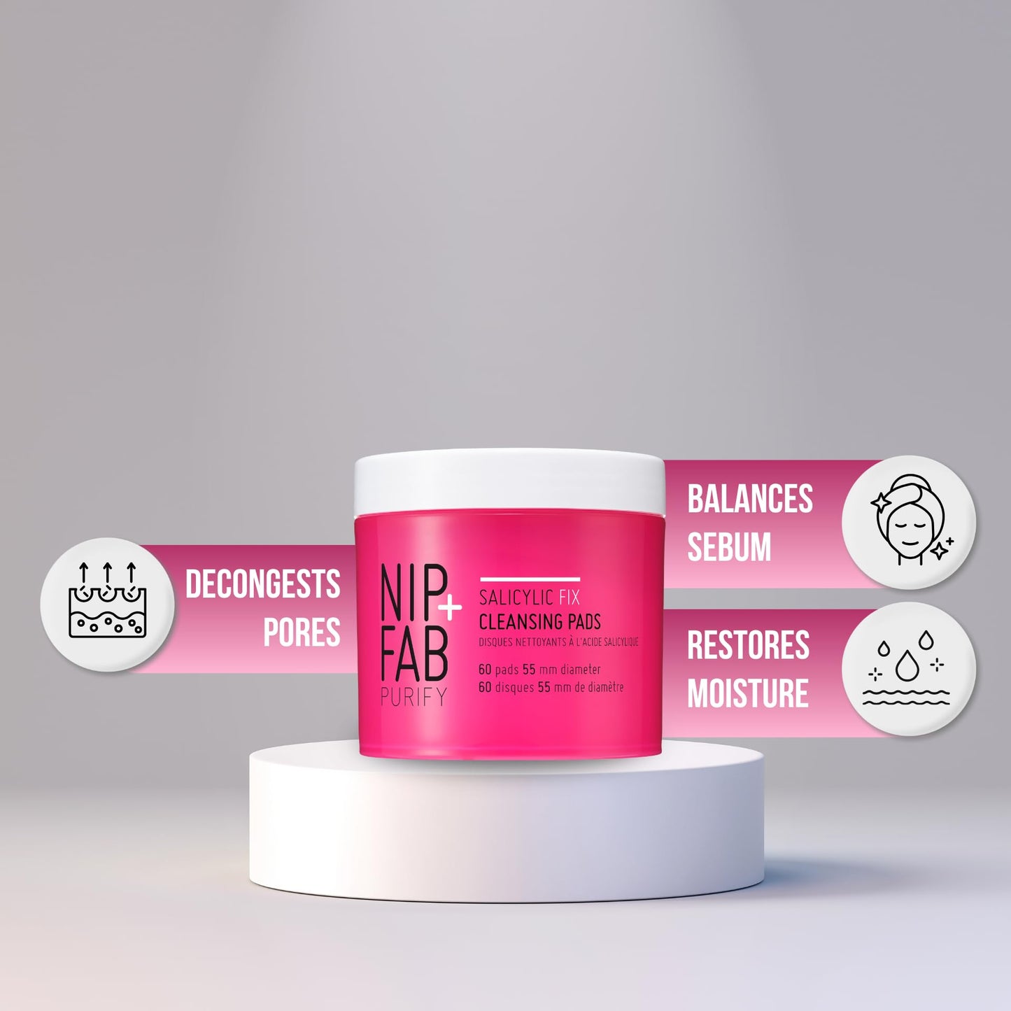 Nip + Fab Salicyclic Fix Night Pads for Face with Hyaluronic Acid, Exfoliating Facial Pad BHA Exfoliant for Skin Hydration Acne Breakouts and Blemishes, 60 Pads, 2.7 Ounce