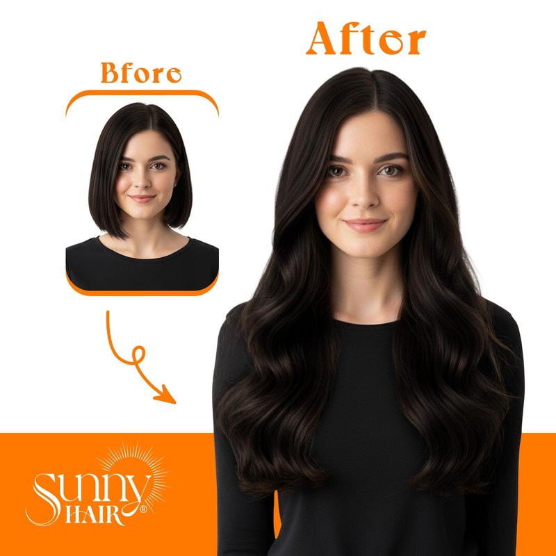 Sunny Hair Genius Weft Hair Extensions Human Hair Darkest Brown Seamless Hand-Tied Bundles Sew in Brown Soft Silky for Women Short Straight for Party 14 Inch 50G