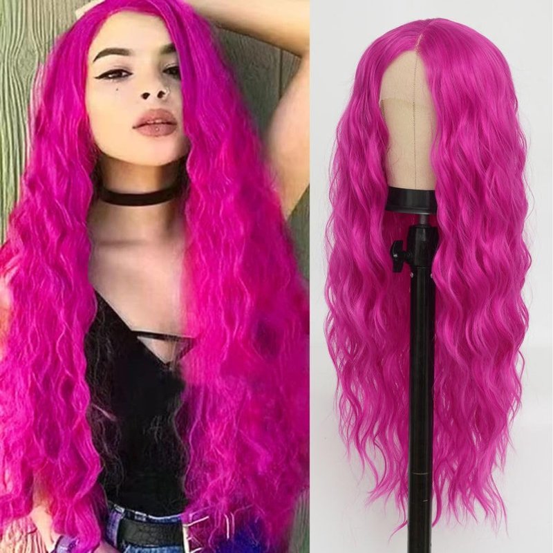 Siudus Hot Pink Long Lace Front Wigs for Women Curly Wavy Cosplay Wig Middle Part Synthetic Fibre Halloween Costume Party Wig