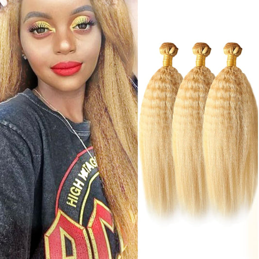 P27/613 Highlight Blonde Bundles Yaki Straight Bundles Human Hair 14 16 18Inch Unprocessed Brazilian Virgin Weave Hairs Honey Blonde 3 Bundle 50 Gram Per Bundle Human Hair Extensions