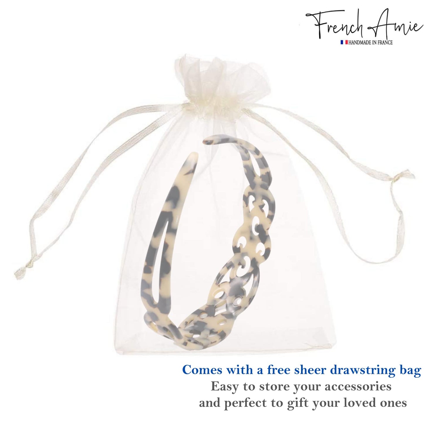 French Amie Filigree Wide 1" Celluloid Acetate Handmade Head bands Fashion Flexible Non Slip Durable Styling Women Hair Accessories, Made in France (White Tokyo)