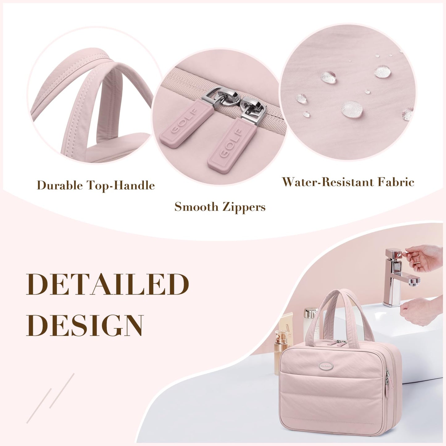 GOLF QUALITY Travel Toiletry Bag,Water-resistant Makeup Cosmetic Bag with Jewelry Organizer Hanging Toiletry Bag for women Trips Camping Bathroom,Smoky Pink