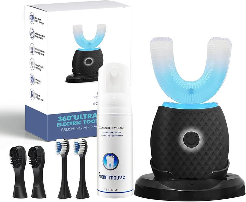 U-Shaped Toothbrush for Adults - Ultrasonic Foam Cleaning, Hands-Free Design, 4 Brush Heads | Black with Blue LED Light