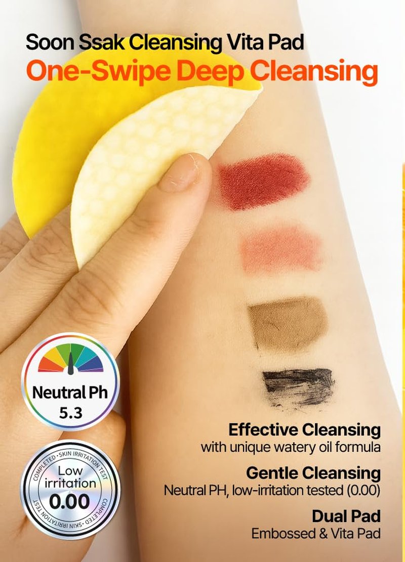 BEAUDIANI Soonssak Vitamin C Cleansing Pads – One-Swipe Makeup Remover, Low-pH 5.3, Dual-Texture Exfoliating Toner Pads, Hydrating Lyocell, Sensitive-Skin Friendly – 50 Count