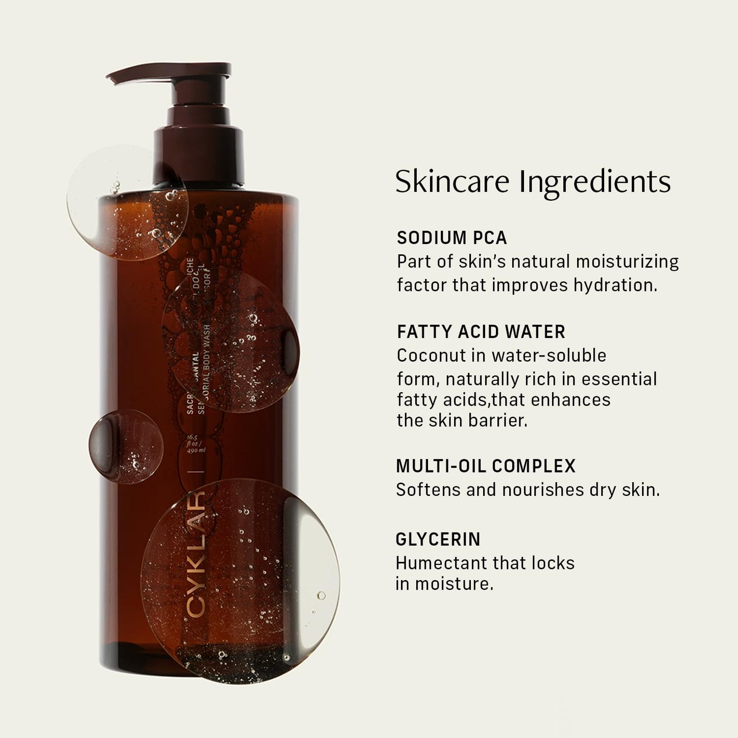 CYKLAR Sensorial Body Wash. Sacred Santal Hydrating Cleanser with Moisture Locking Multi-Oil Complex, Sodium PCA and Glycerin. Nourishing Shower Gel for Women and Men, 16.5 Fl Oz Luxury Bodywash