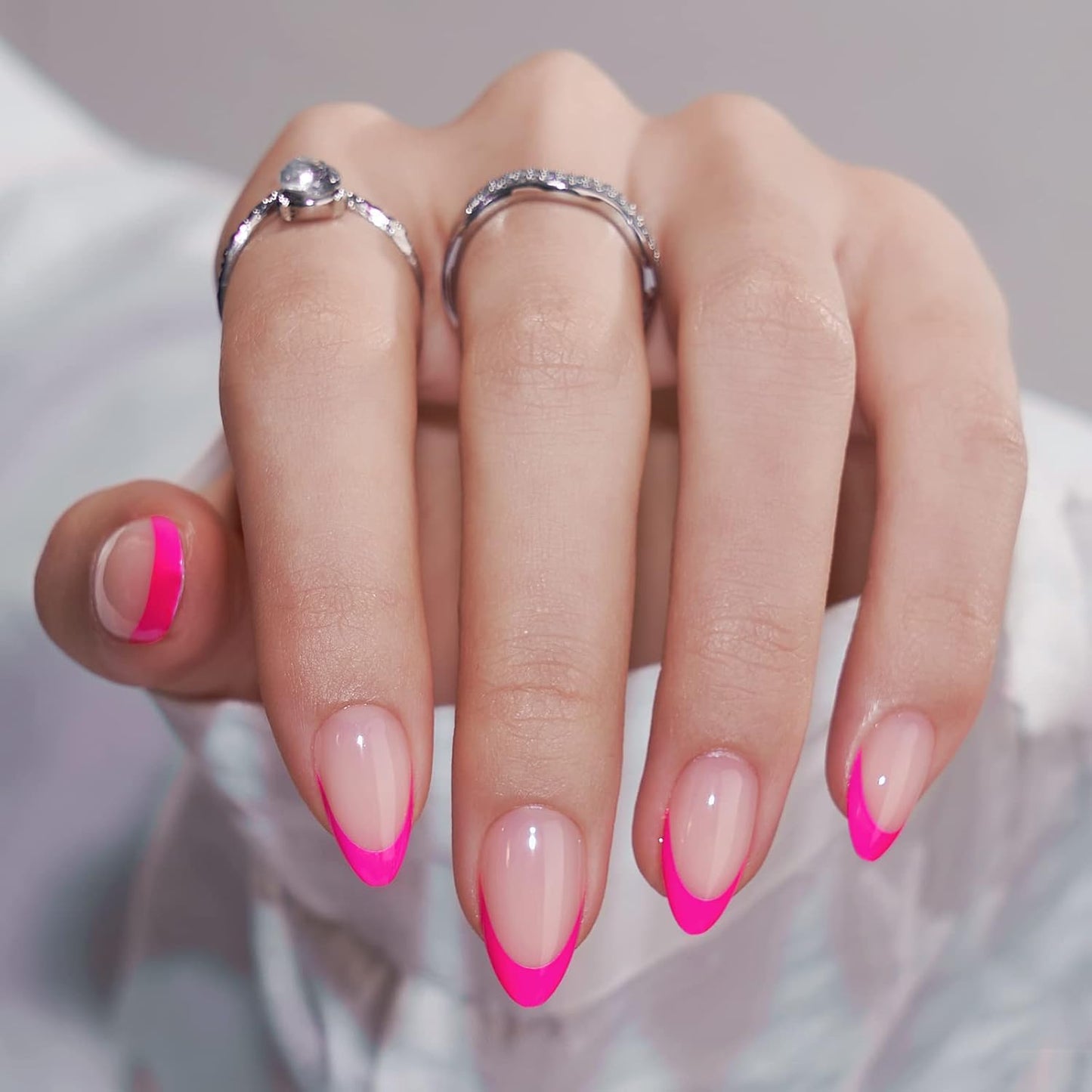 French Tip Press On Nails - Almond Shape Stick On Nails for Women | Berry French & Dazzling Pink Colors
