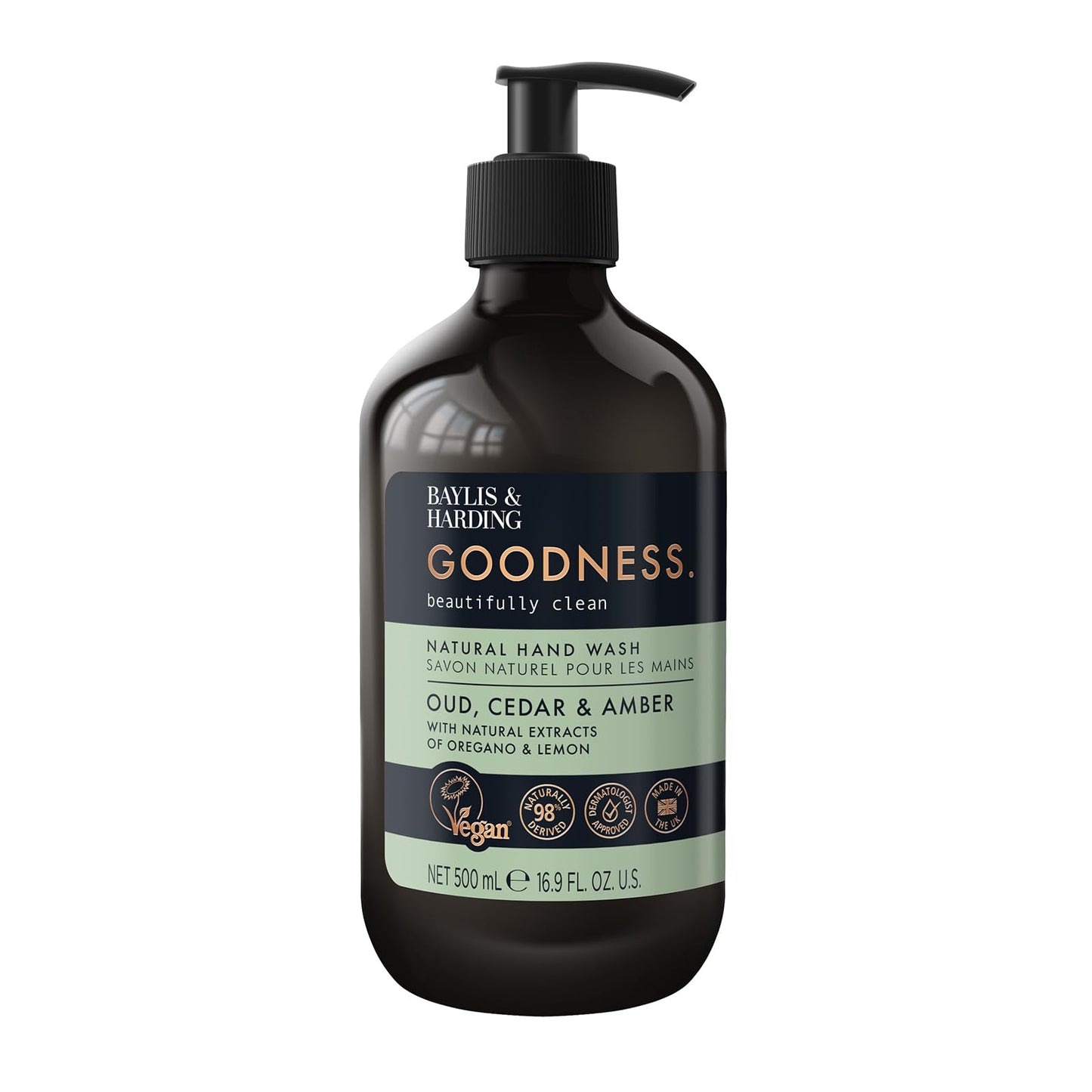Baylis & Harding Liquid Hand Soap Wash with Dispenser, Goodness, Oud Cedar & Amber, 16.9oz/500ml (3-Pack)