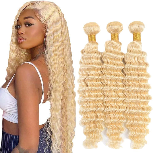 14 16 18 Inch Deep Wave Human Hair Bundles Blonde 613 Bundle Human Hair Extension Blonde Unprocessed Brazilian Virgin Quick Weave Hair Extension for Black Women