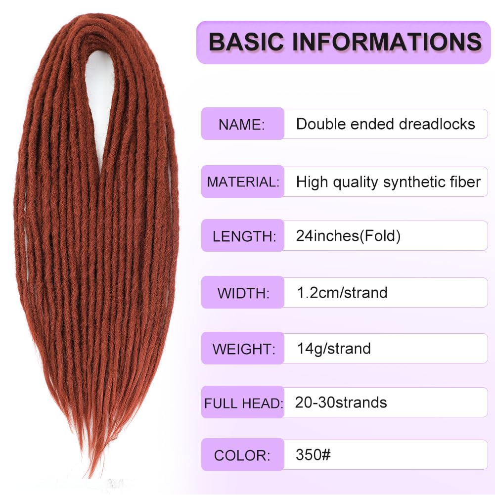 BUFENGSUN Straight Dreads Synthetic Double Ended Dreadlock Extensions 24inches 25 Strands Width 1.2cm Soft DE Dreadlocks Extensions for Women (25 Strands, #350)