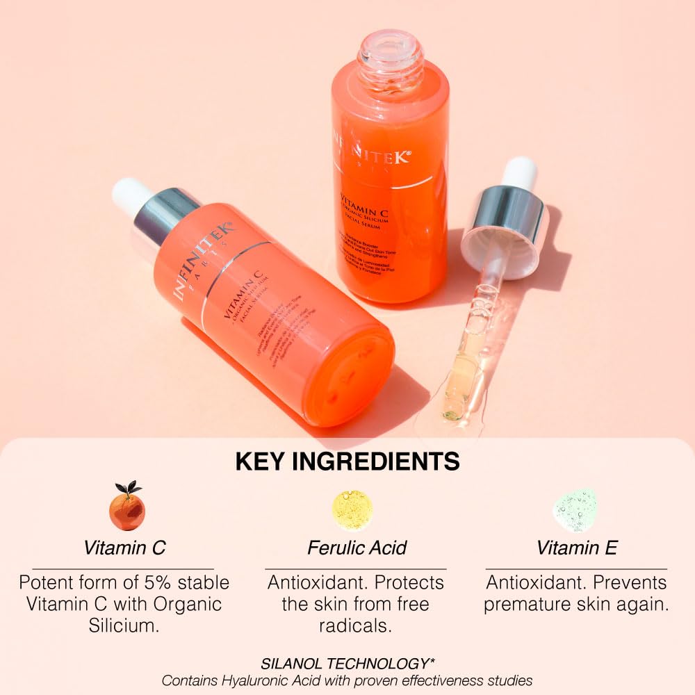 Infinitek Paris Vitamin C Facial Serum | With Organic Silicon & Ferulic Acid | Brightening Face Skincare Essential for a Smoother, Luminous Complexion | 1 fl oz / 30 ml
