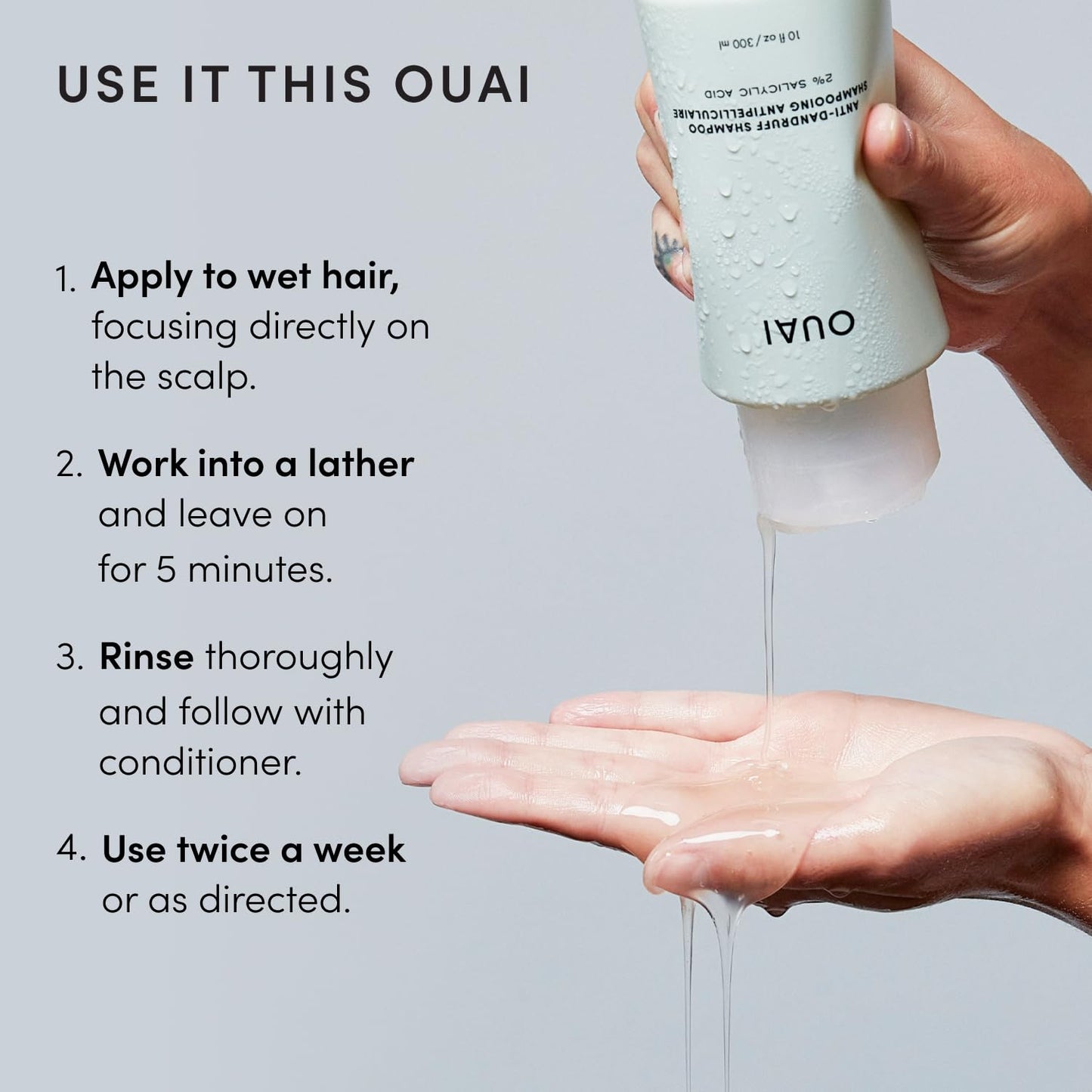 OUAI Anti Dandruff Shampoo - Soothing Salicylic Acid Shampoo for Flaky, Dry and Itchy Scalp - Reduces Itching, Redness and Irritation - Sulfate Free Scalp Care (10 Fl Oz)