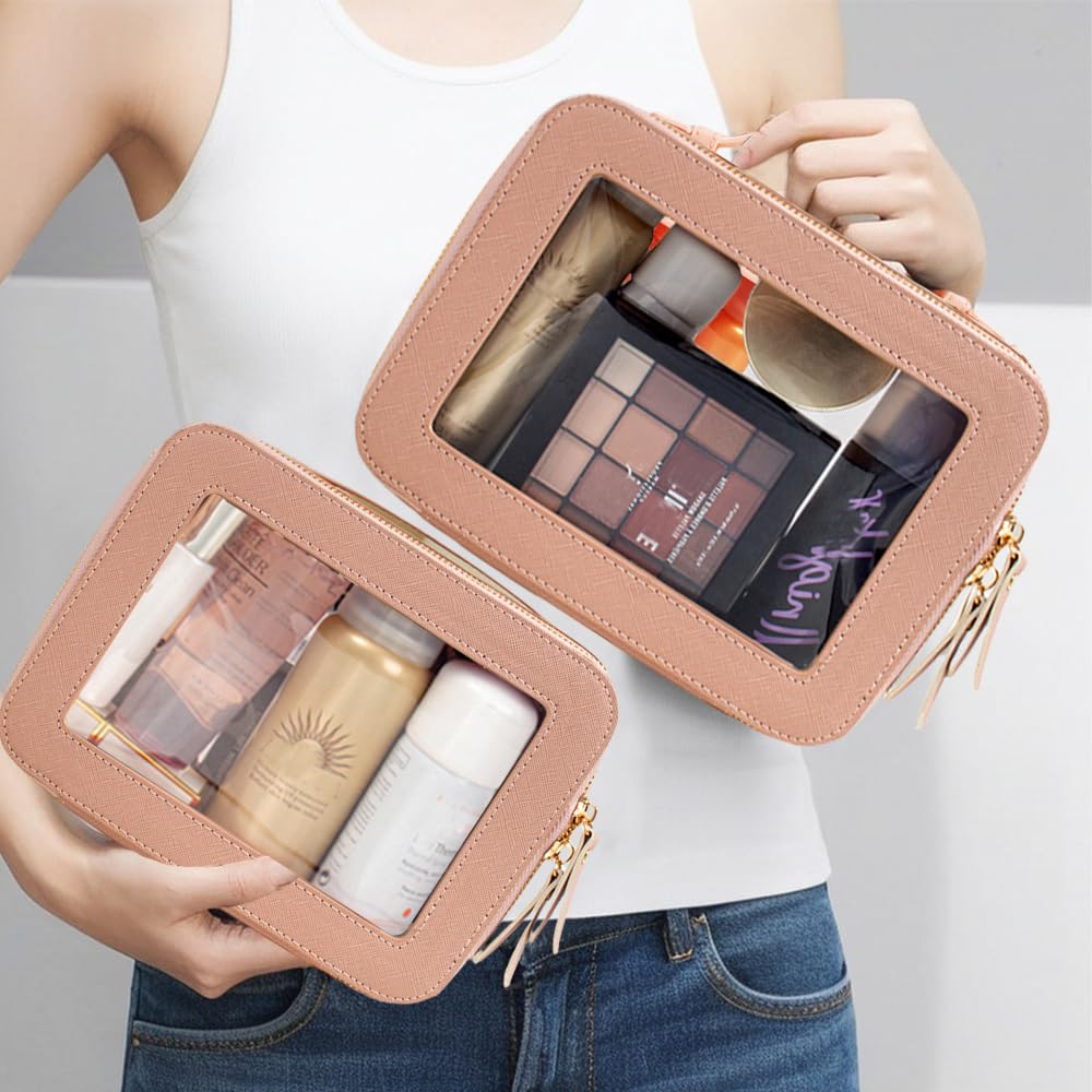 Clear Makeup Bag Set for Women, Transparent Travel Cosmetic Case Portable Skincare Toiletry Bag with Zipper Waterproof Makeup Pouch Car Organizers Car Accessories for Essentials (Dual Dark Pink)