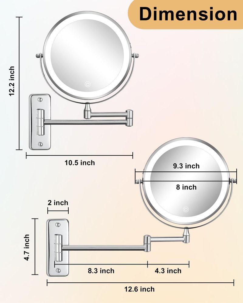 DECLUTTR Wall Mounted Makeup Mirror with Lights, Rechargeable 8 Inch Double Sided Magnifying Mirror 1X/10X, Dimmable Vanity Mirror with 3 Lighting Modes