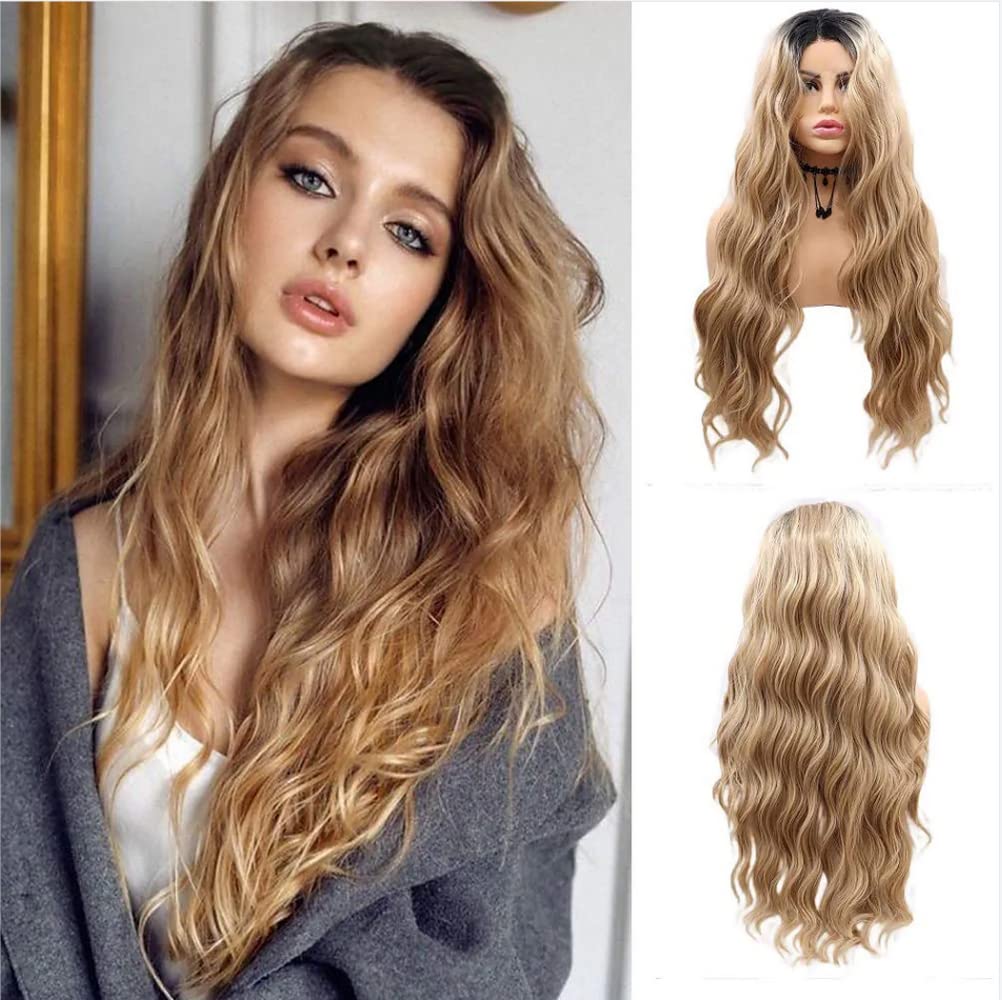 Ombre Blonde Wavy Lace Front Wig - 24" Natural Loose Waves | Heat Resistant Synthetic Fiber for Daily Wear