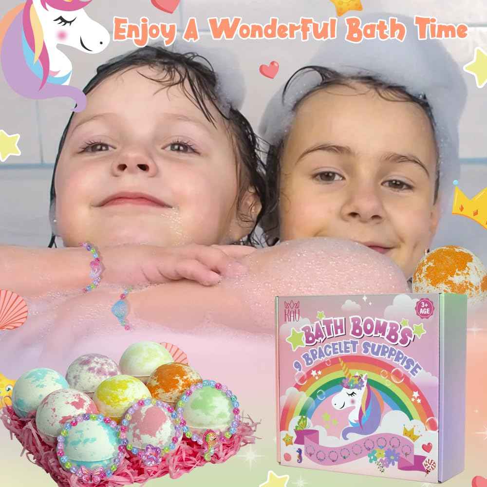 KAV Girls Bath Bombs Set of 9 — Surprise Bracelet Bath Bombs for Kids & Tweens, Fizzy Colorful Bath Fizzies with Collectible Bracelet Inside, Kid-Safe Scents & Moisturizing Oils — Party Favors & Gifts