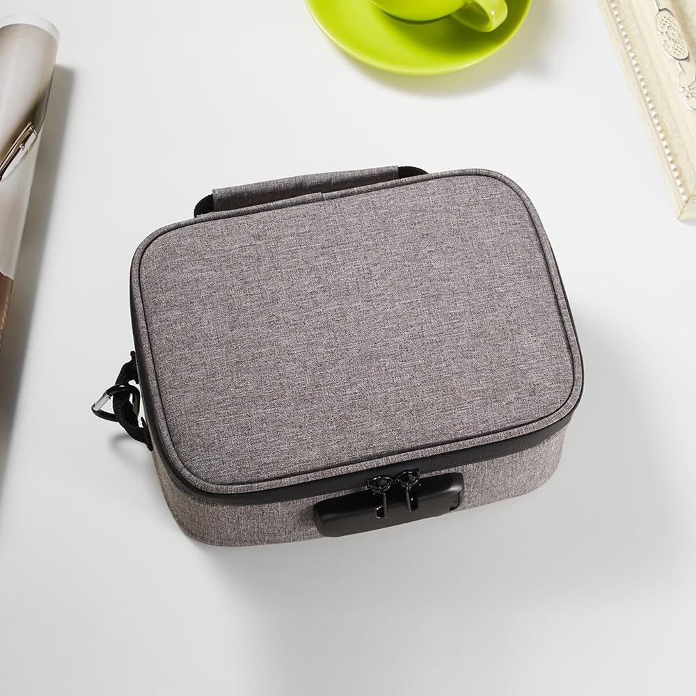 Grey Medium Size Smell Proof Storage Carrier Bag with 11 PCS Accessories, Water-Resistant file Organizers Box Case with Combination Lock, Medicine Container Pouch, Great Gift for Friends.