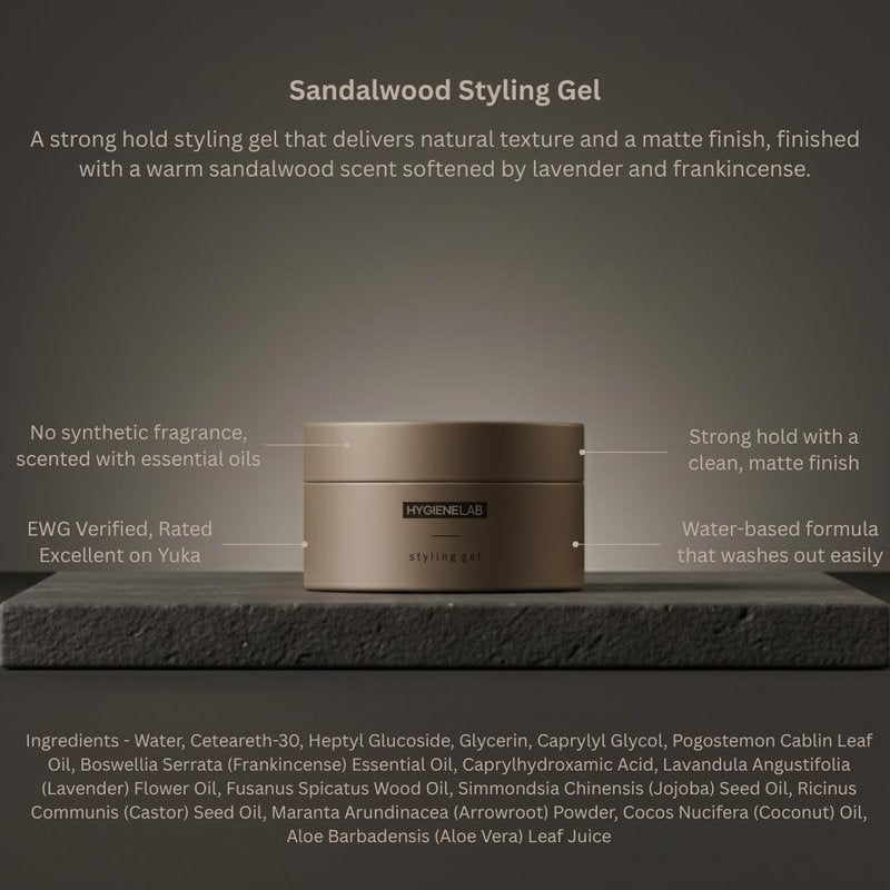 HygieneLab Men's Hair Gel - EWG Verified, Strong Hold, Matte Finish, Weightless Texture, Sandalwood Scent, Non-Toxic Clean Formula, Suitable for All Hair Types