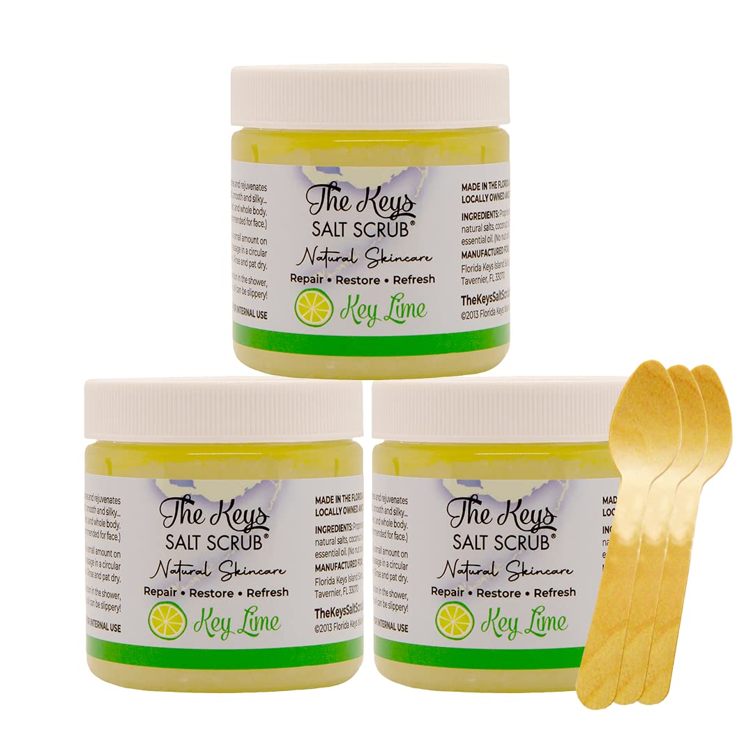 The Keys Salt Scrub -Sea Salt Scrub - Exfoliating Body Scrub with Wooden Spoon - Moisturizing Exfoliator for Hands, Foot, Bath, (3.4 Ounce (Pack of 3), Key Lime)