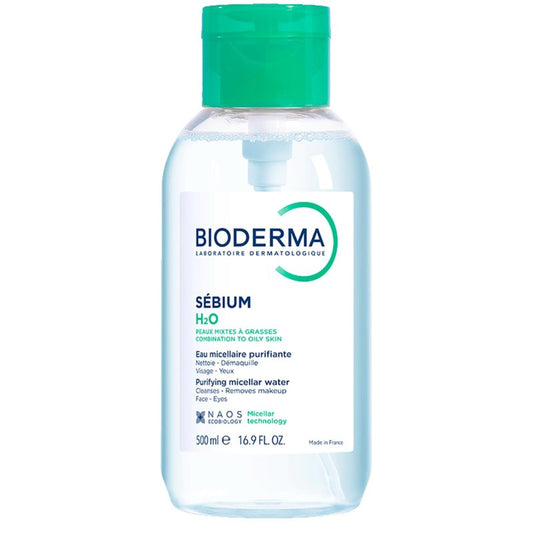 Bioderma Sébium H2O Micellar Water Pump, Cleansing and Makeup Removing Gentle Face Cleanser for Combination to Oily Skin, 16.9 Fl Oz