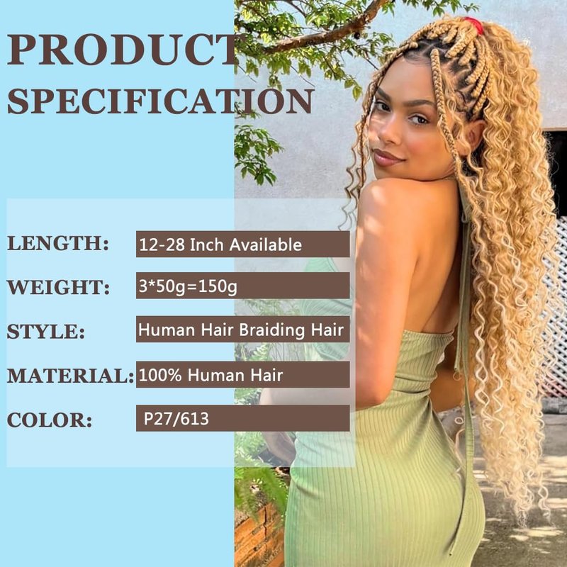 613 Blonde Human Braiding Hair for Boho Braids 613 Deep Wave Human Bulk Braiding Hair 150g 20 inch LadrXadr Honey Blonde Deep Wave 3 Bundles