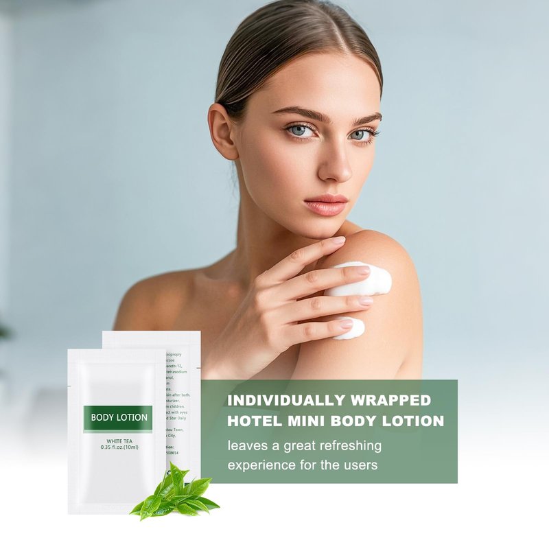 HQSLsund Travel Size Body Lotion Bulk Individually Wrapped - 200 Pack Refreshing Mini Lotion Single Use Supplies for Homeless Care Hotel Guests, White Tea Scent, 0.35 fl oz/10ml