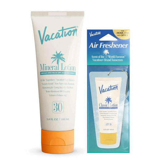 Vacation Mineral Lotion Sunscreen SPF 30 & Air Freshener Bundle, Non-Nano Zinc Oxide Formula, No White Cast, Water-Resistant, Dermatologist-Tested, Vegan, Travel Size, 3.4 Fl. Oz.