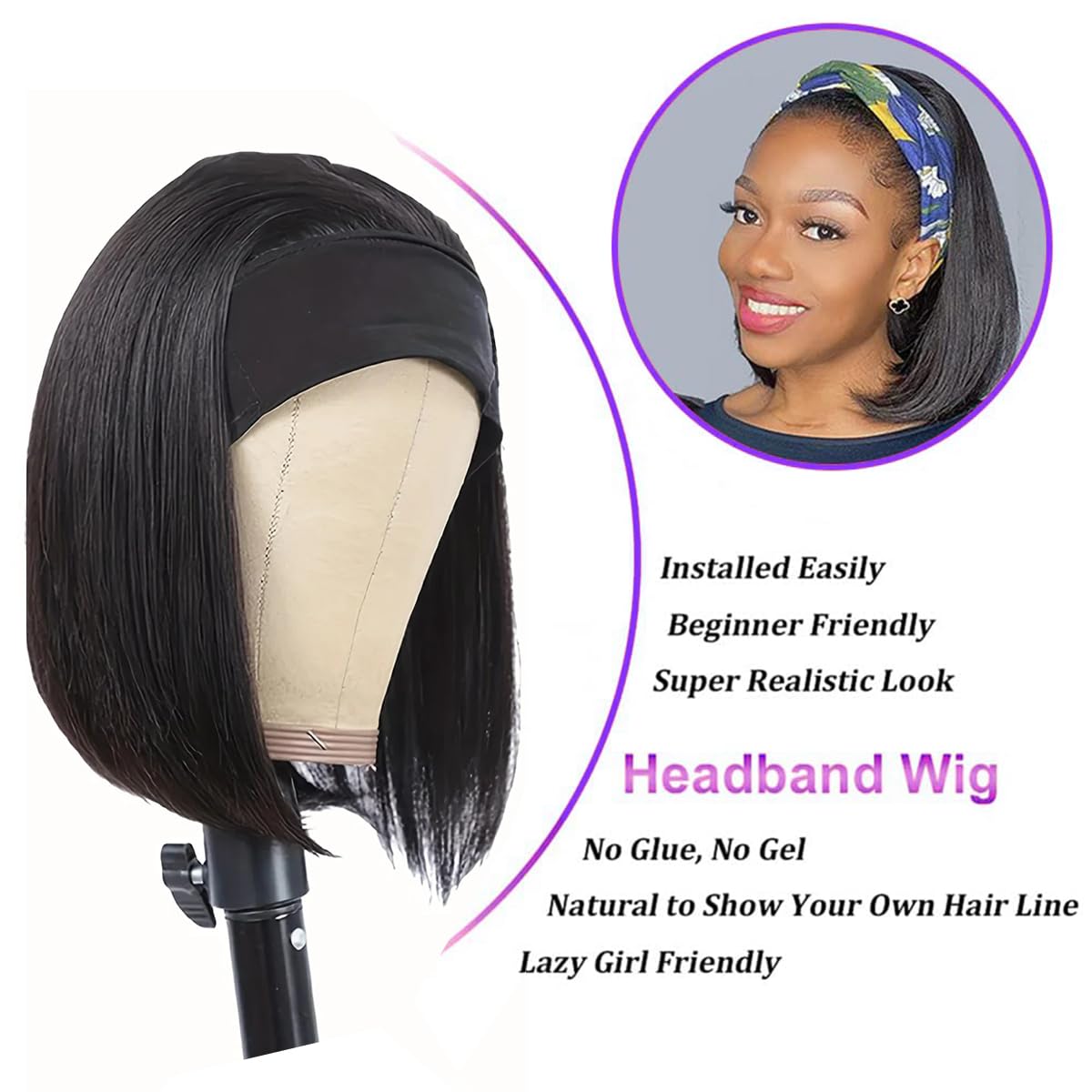 Kislemon Headband Bob Wig Human Hair Glueless Short Straight Bob Wigs Human Hair For Black Women 150% Density None Front Lace Brazilian Virgin Human Hair Wigs 8 Inch