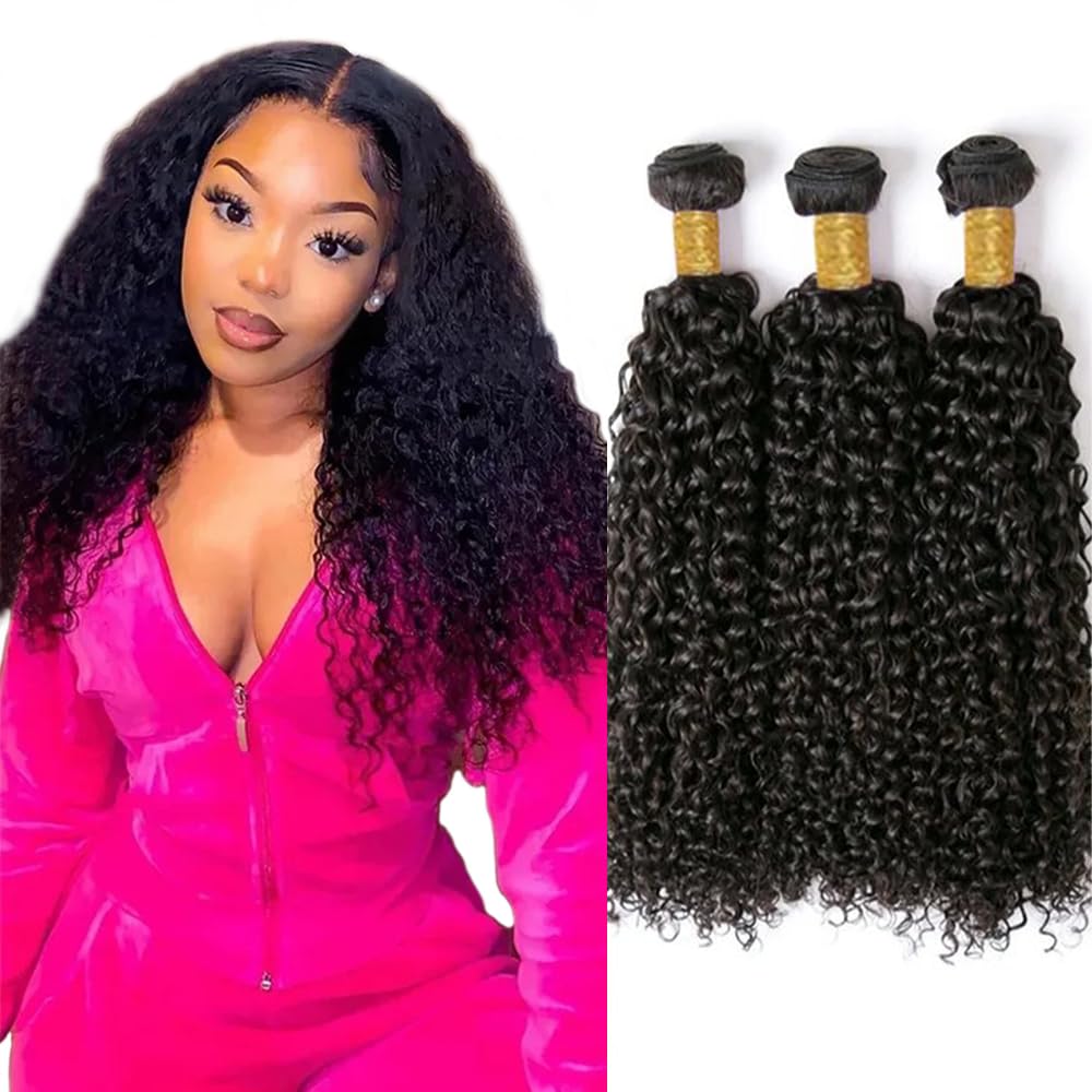 Curly Wave Bundles Human Hair Raw Kinky-Curly Human Hair Bundles 14 14 14 Inch Natural Black Ultra Soft No Tangle Afro Raw Remy Hair Extensions