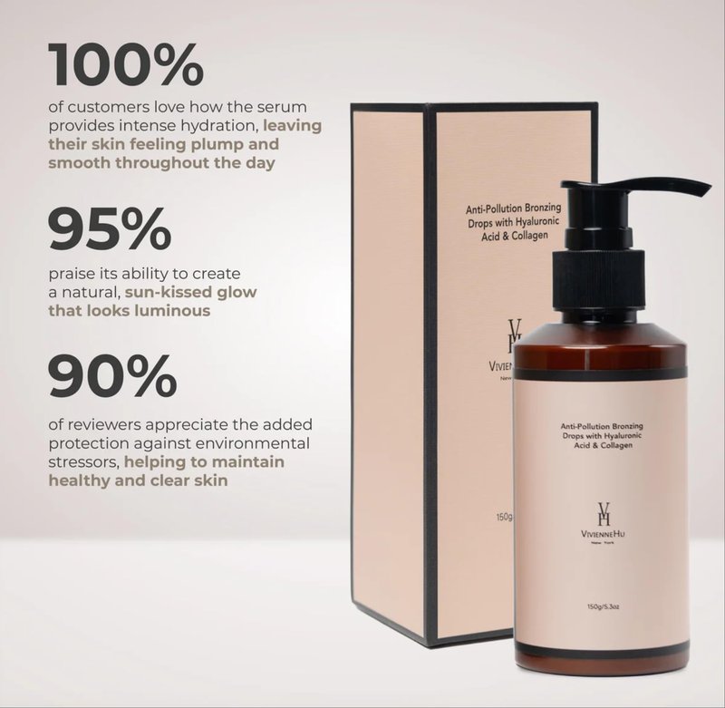 VivienneHu Bronzing Drops, 150g/5.3oz, with Hyaluronic Acid & Collagen, Vegan & Cruelty-Free, Liquid Bronzer, Creates A Sun-Kissed Glow, Pure Gold, Clean Clinical Skincare, Dermatologist-Tested