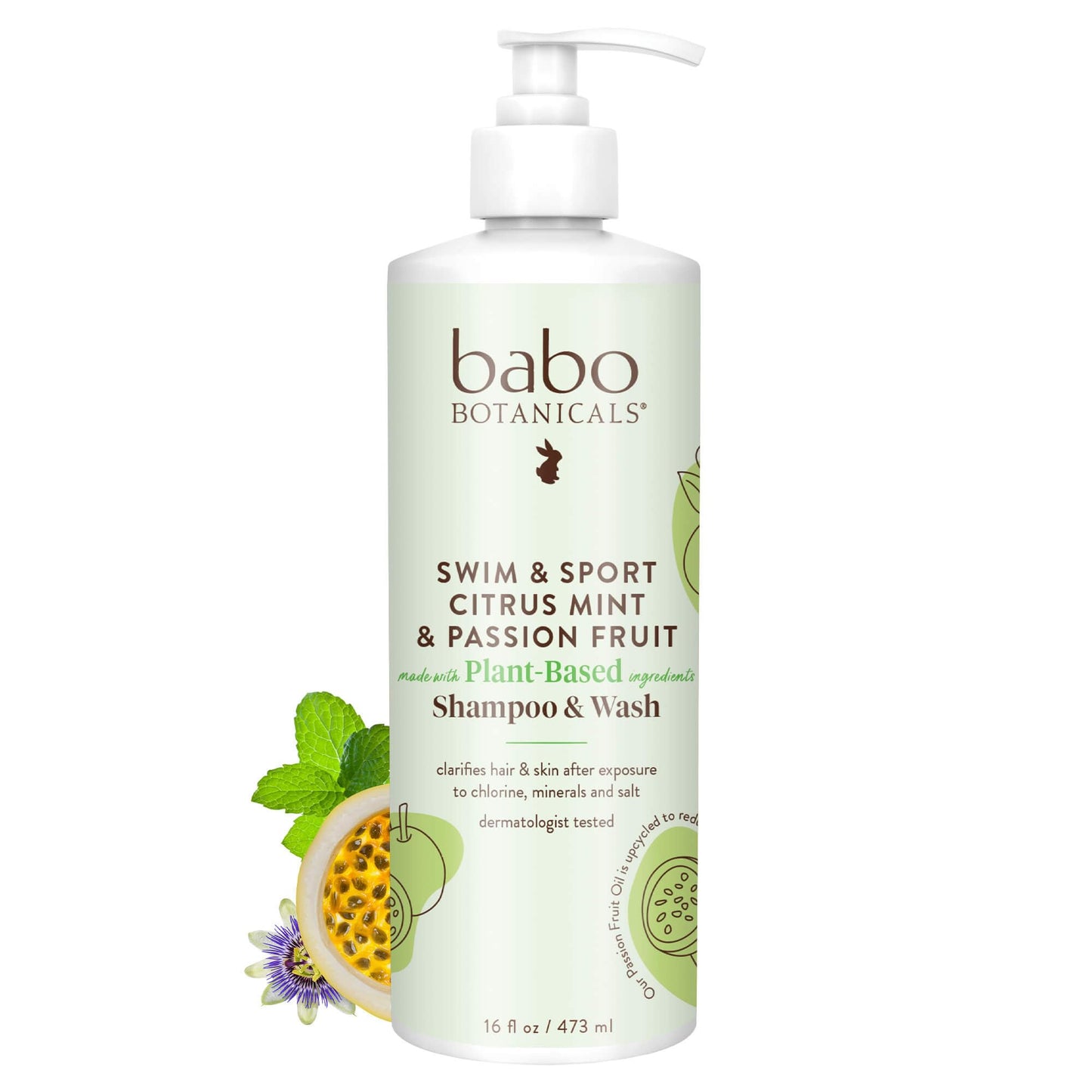 Babo Botanicals Swim & Sport Citrus Mint & Passion Fruit Shampoo & Wash - Purifying Cleanser for hair & body- Removes chlorine & sweat - For all ages - Scented with Citrus & Peppermint Oil - 16 Fl Oz