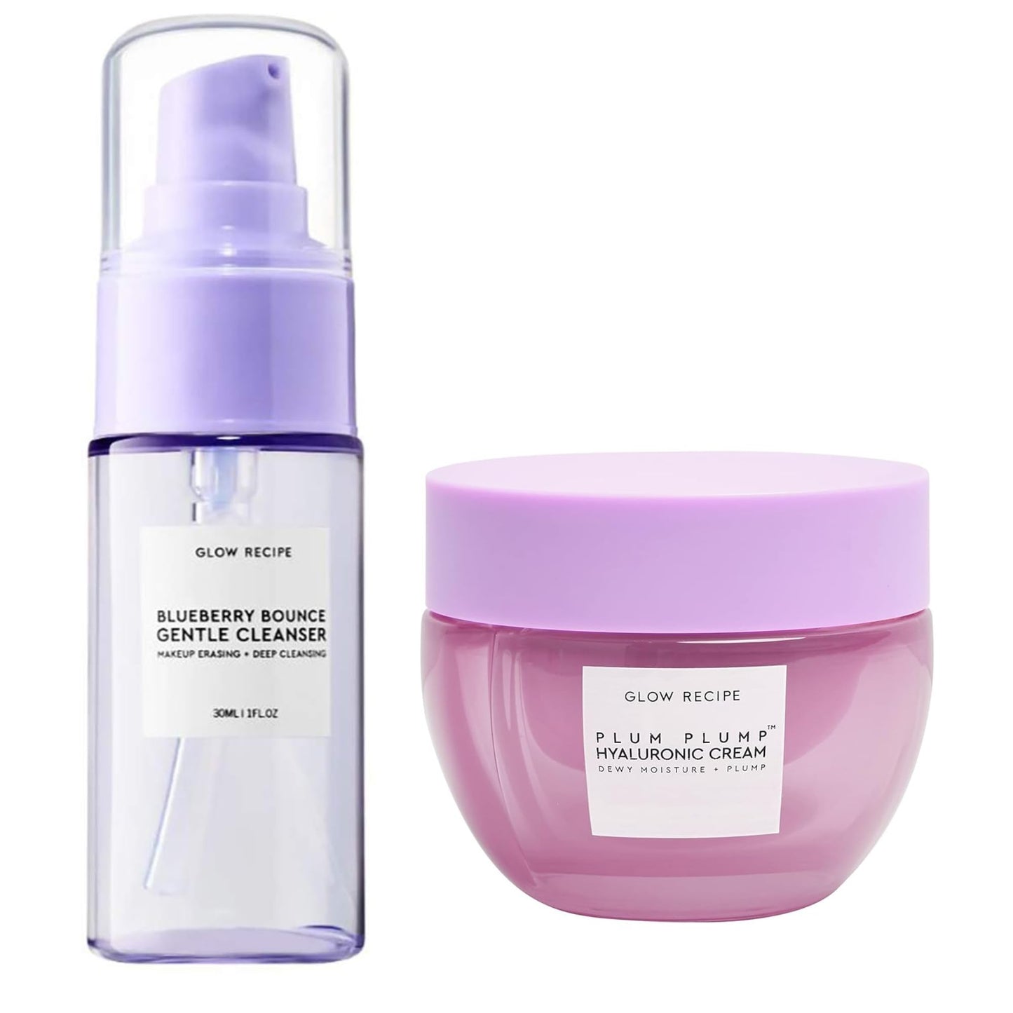 Glow Recipe Blueberry Bounce Gentle Face Cleanser - Moisturizing Makeup Remover & Foaming Face Wash (30 ml) + Plum Plump Hyaluronic Acid Face Cream for Dry Skin (20 ml)