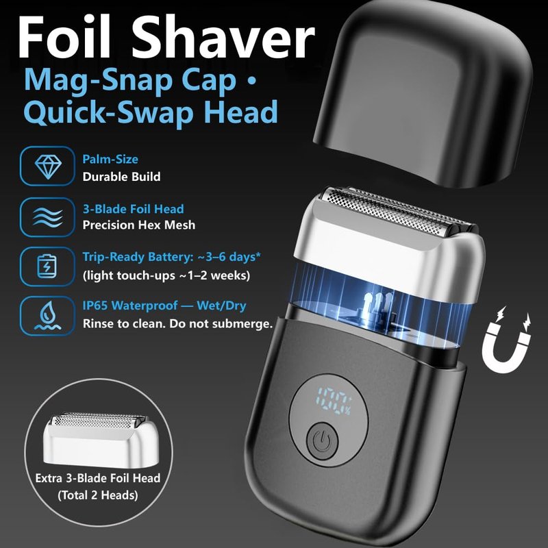 Mini Triple Foil Shaver for Men: Electric Razor｜Ergonomic Grip｜IPX7 Waterproof｜120min Runtime｜Fast USB-C Charge｜Perfect Gift for Travel Business Trip