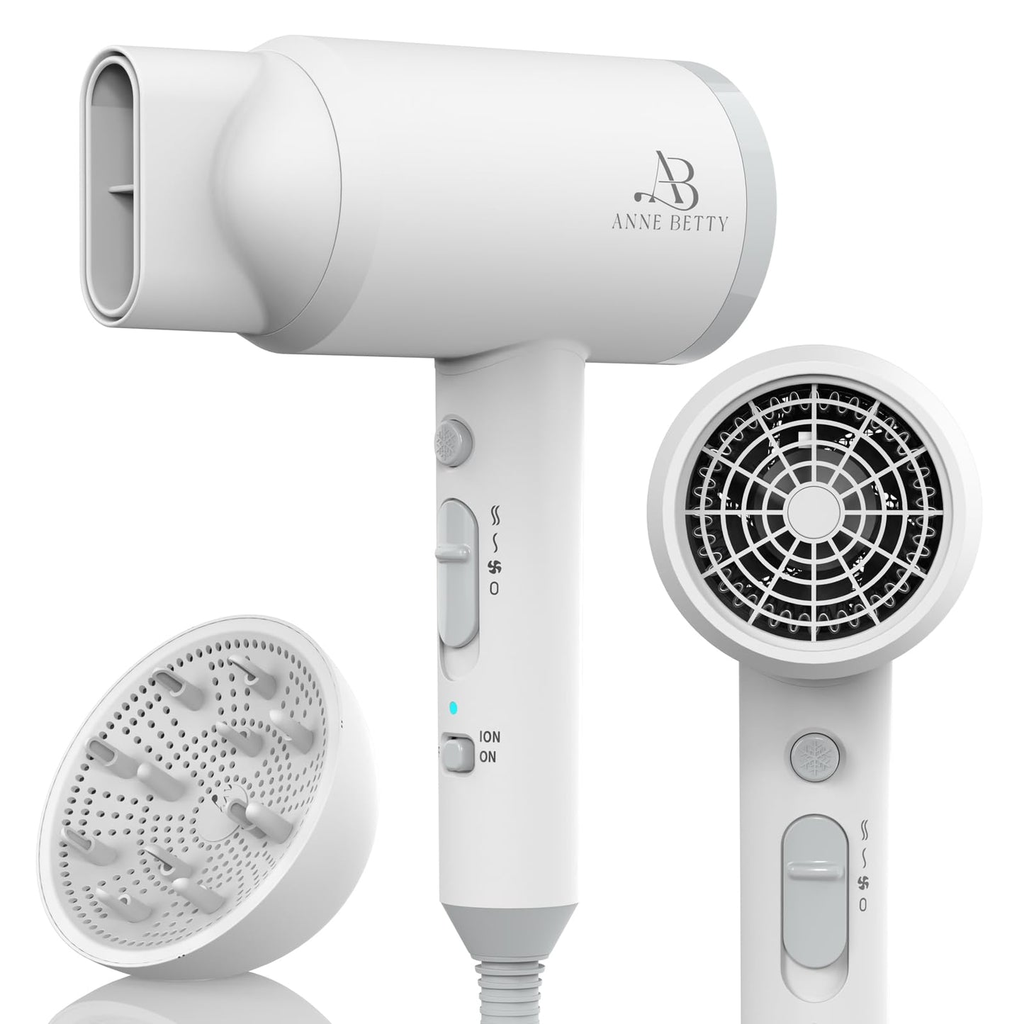 ANNE BETTY Hair Dryer with Diffuser for Curly Hair, 1800W Ionic Blow Dryer for Women & Men, Fast-Drying, Lightweight, Low Noise, Hair Care Styling Tool for Home, Travel
