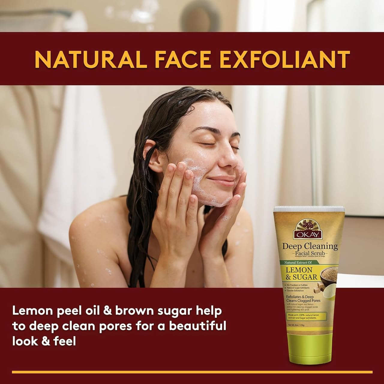 OKAY Oil Control Facial Scrub Exfoliator - Exfoliating Face Wash, Face Scrub for Women and Men, Moisturizing and Brightening, Leaves Skin Smooth and Clean, Paraben Free - Lemon, 6 Oz (Pack of 1)