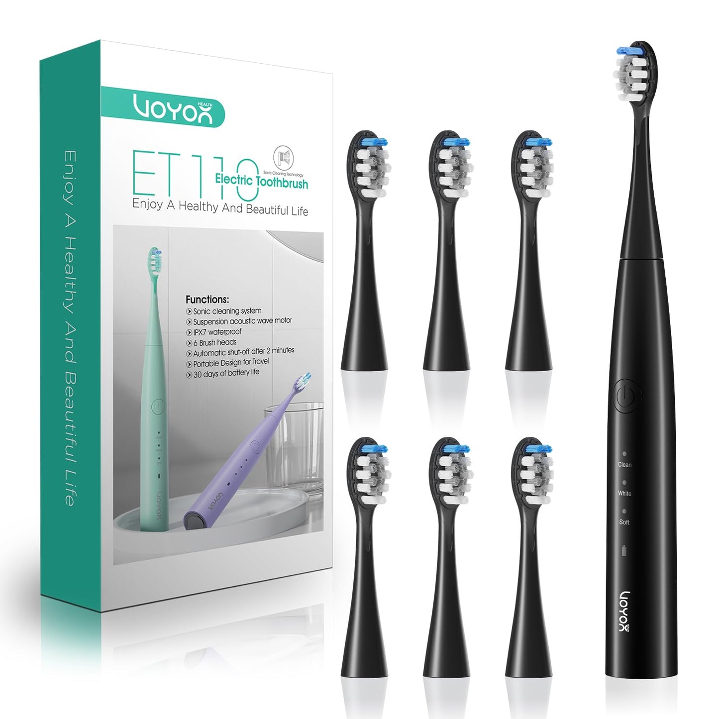 VOYOR-HEALTH Sonic Electric Toothbrush for Adults,Tooth Brushes with 6 Brush Heads,70-Day Battery Life,IPX7 Waterproof Rechargeable Travel Toothbrushes with 3 Modes for Family Use ET110(Black)