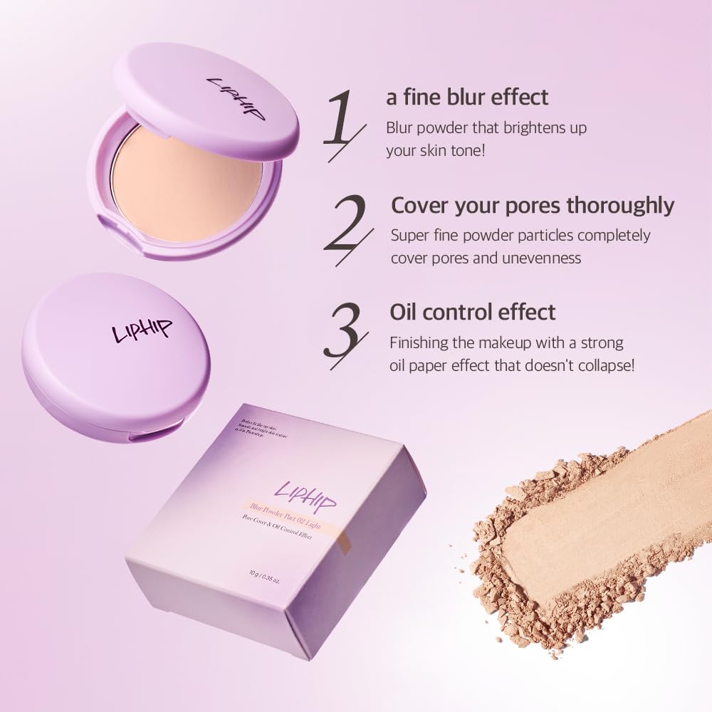 LIPHIP Blur Powder Pact - Pressed Powder Compact with Mirror and Puff Makeup Setting, Blurs Fine Lines & Imperfections, All Day Wear, Perfect for On The Go, Face Sebum Oil Control (03.Natural, One)