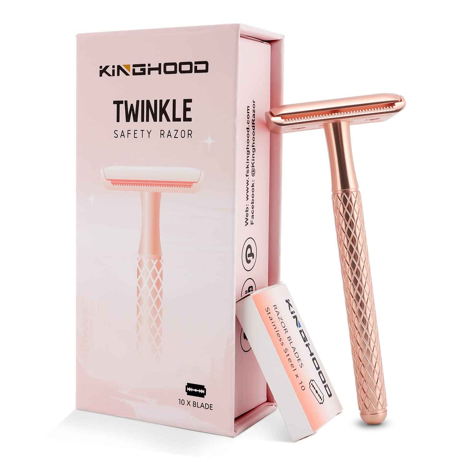 KINGHOOD Safety Razor for Men and Women - Double Edge Razor With 10 Reusable Blades (Rose Gold)