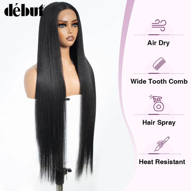 Light Yaki Straight Lace Front Wig - 36-Inch Super Long Hair | 13x4x0.5 Natural Hairline with Baby Hair - 1B Color