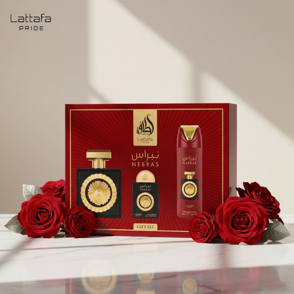 Lattafa Pride Nebras Gift Set - Fruity Sweet Vanilla Amber | 3.4oz & 0.65oz Eau de Parfum + 6.67oz Deodorant Spray