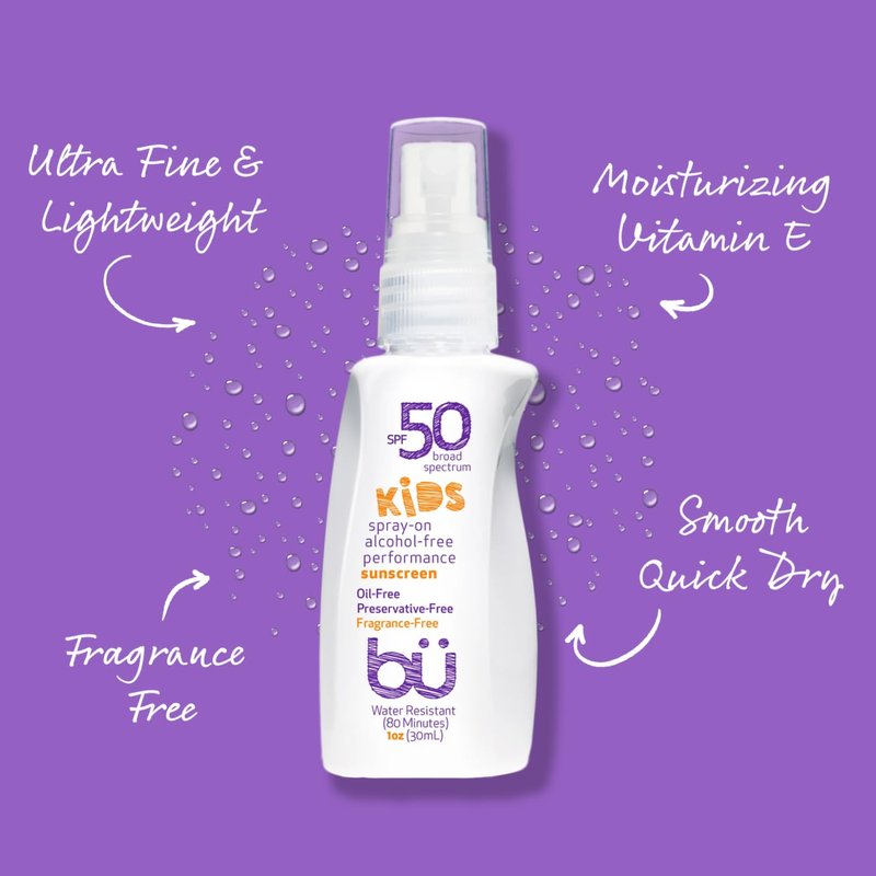 BU SPF 50 Kids Sunscreen Spray for Face and Body, Non Aerosol Spray, Fragrance Free, Clear, Non Greasy, Water Resistant, Fragrance Free 1 oz (3 Pack)