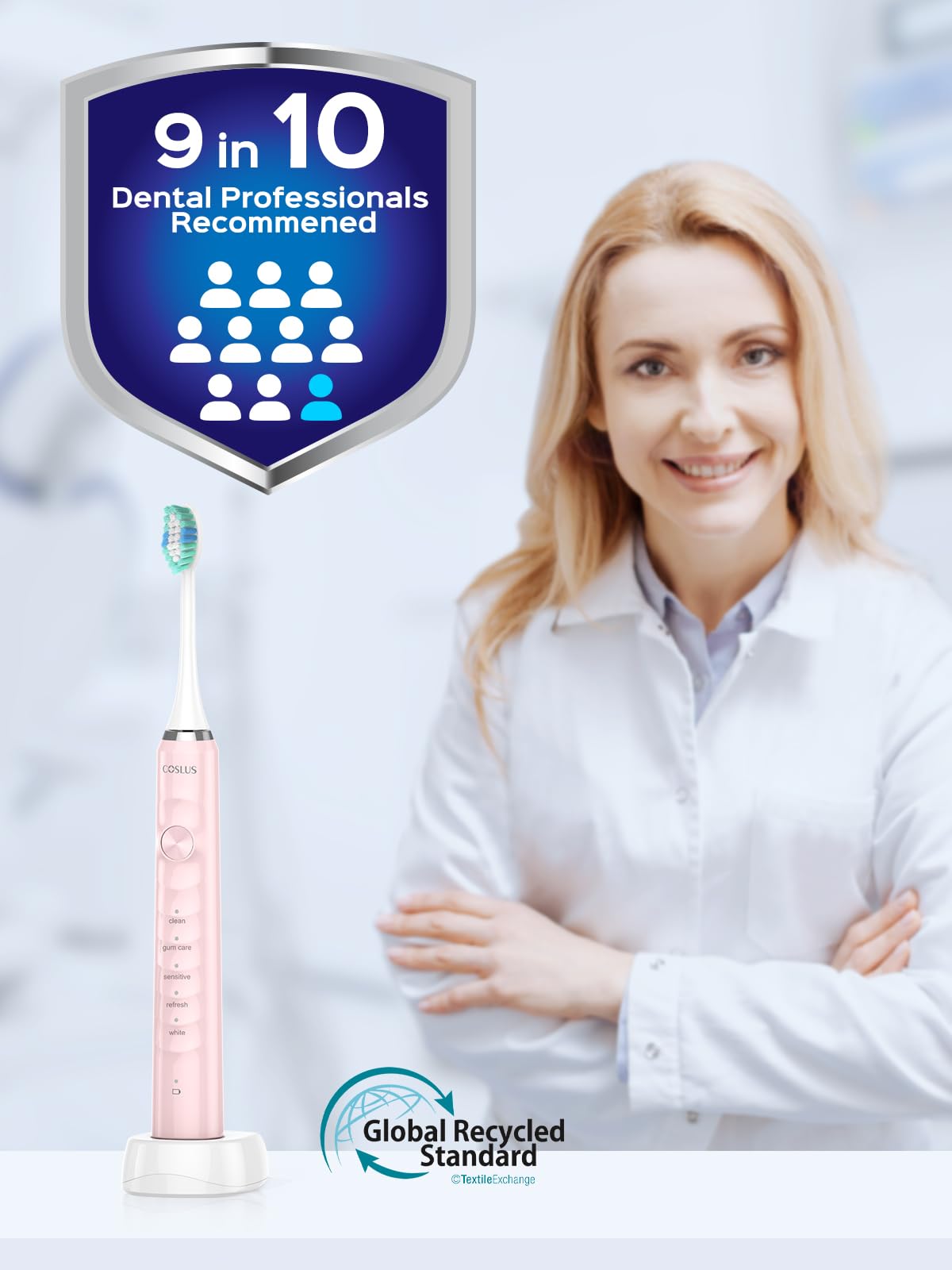 COSLUS C40 Sonic Electric Toothbrush for Adults: 47000 VPM for Deep Cleaning & Whitening with Travel Case - 5 Modes for Sensitive Teeth & Braces, Wireless Charging, 6 Brush Heads, Pink & Green (2PCS)