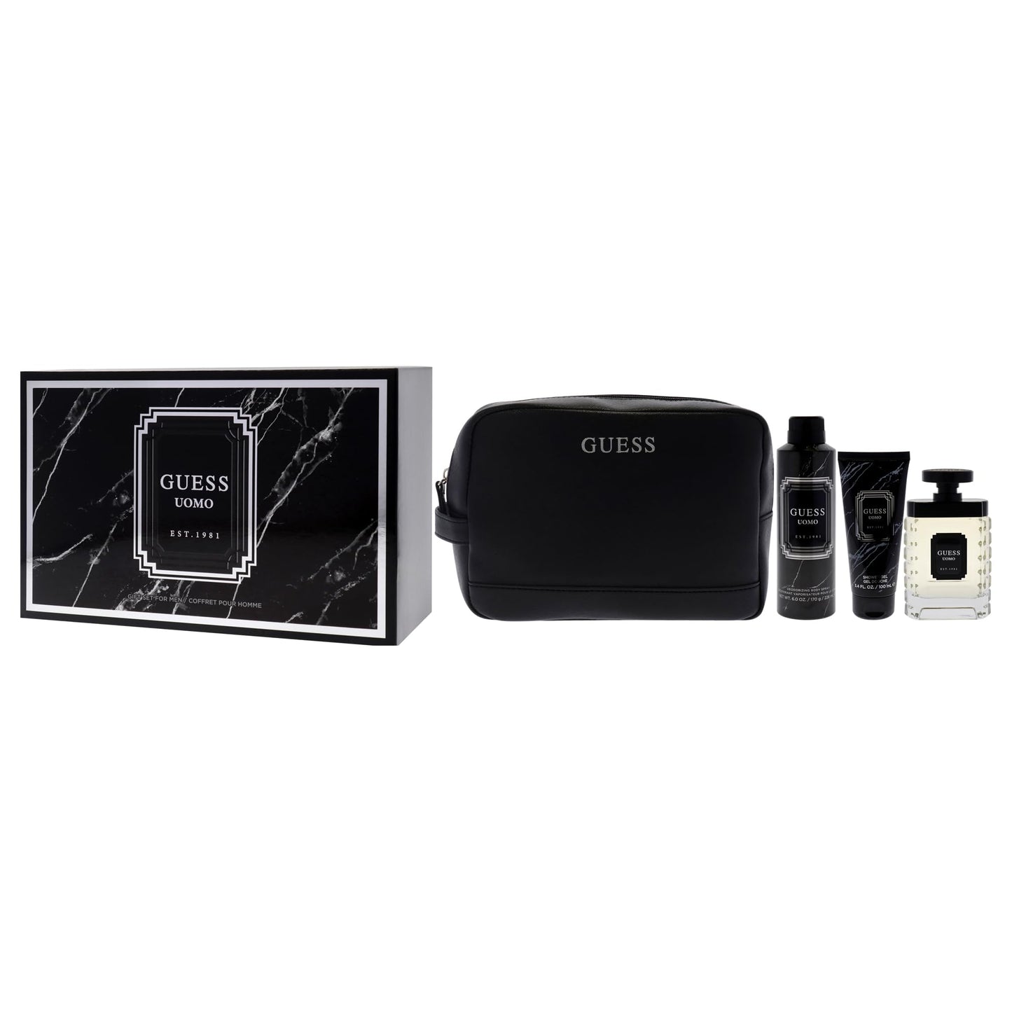 Guess Uomo by Guess for Men - 4 Pc Gift Set 3.4oz EDT Spray, 6oz Deodorizing Body Spray, 3.4oz Shower Gel, Pouch