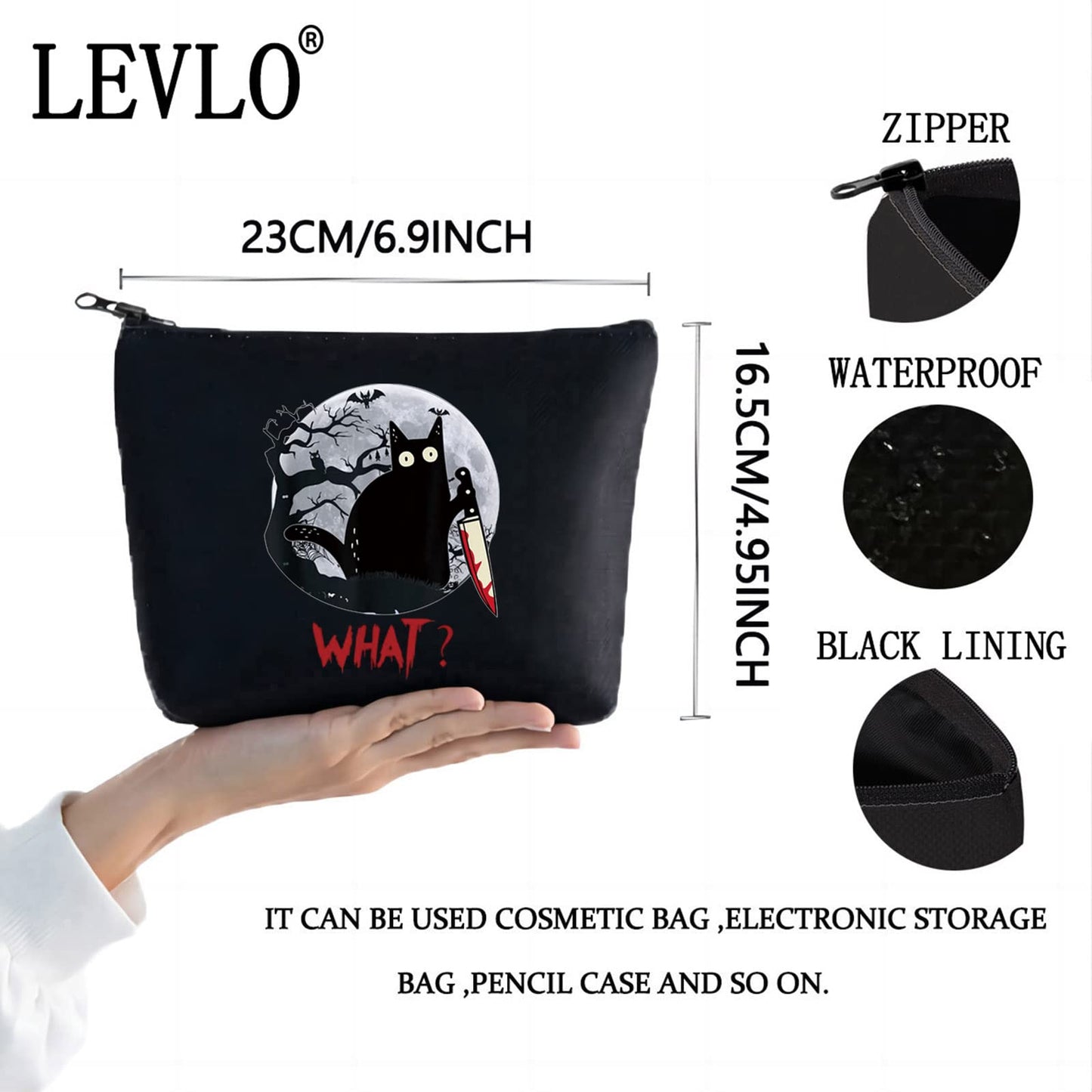LEVLO Murderous Cat With Knife Cosmetic Make Up Bag Sneaky Cartoon Aminal Inspired Gifts Cat What Makeup Zipper Pouch Bag (C at What LT)