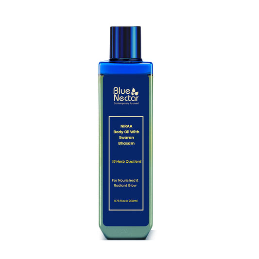 Blue Nectar Body Oil with Swaran Bhasam for Glowing Skin | Ayurvedic Body Oil for Dry Skin | Nourishing Oil with Gold & Shimmer (16 Herbs, 3.38 Fl Oz)