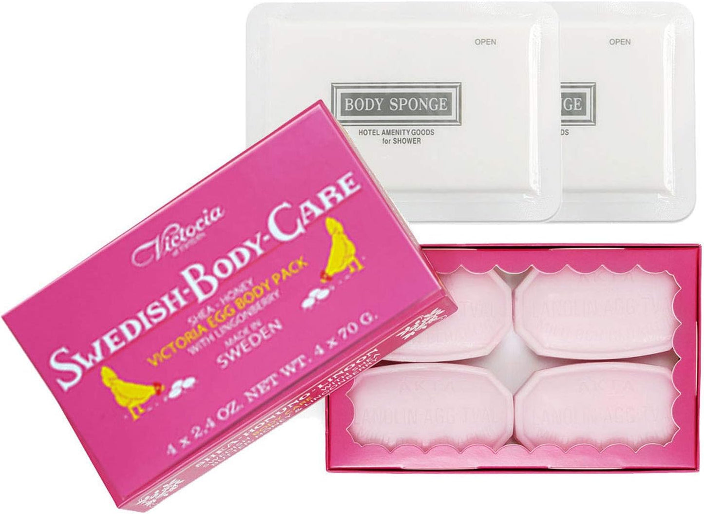 Shea Butter Soap with Honey & Lingonberry - 4 Bars + 2 Disposable Shower Sponges